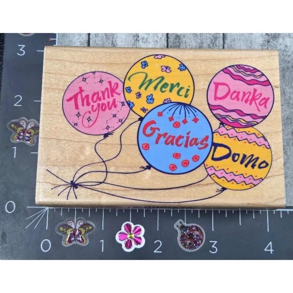 Inkadinkado Thank You Balloons Gracias International Rubber Stamp Wood #P33